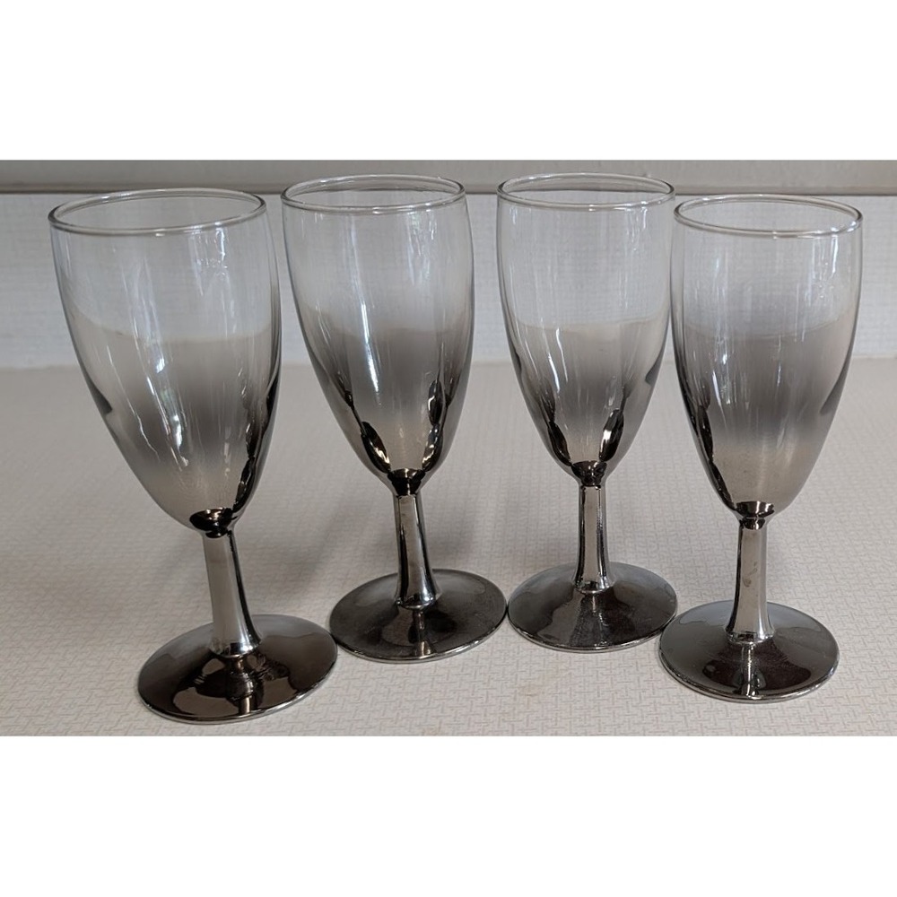 MCM Lusterware Silver Mercury Fade Small Flute Wine Glasses 1950s Set of 4